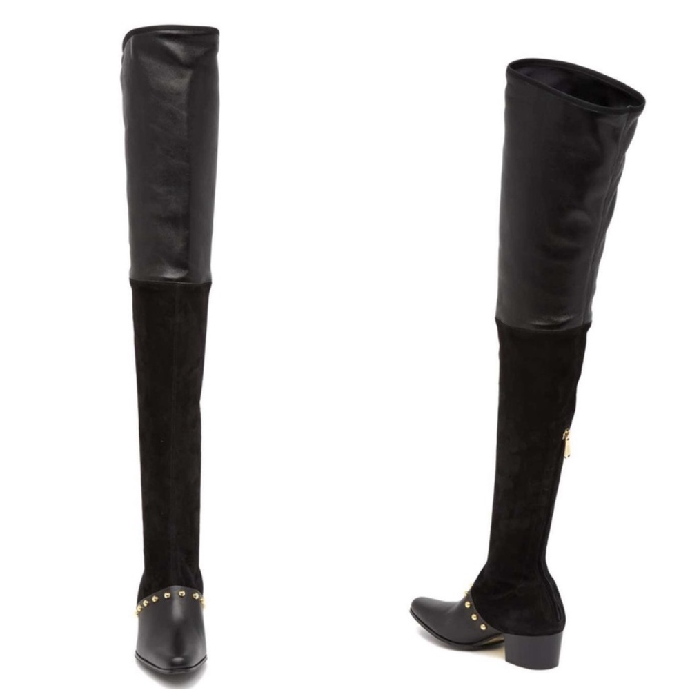 Balmain Black Over-the-Knee Black Leather Thigh High Cowboy Boots 37 NWOB